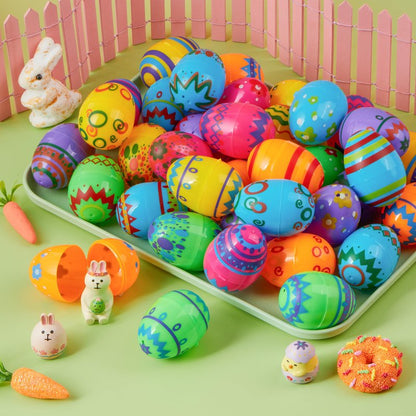 JOYIN 72PCS 2.3" Printed Empty Colorful Plastic Eggs Fillable, Bright Plastic Eggs Bulks for Festival Hunt, Filling Treats, Party Favor, Basket Stuffers, Classroom Prize Supplies