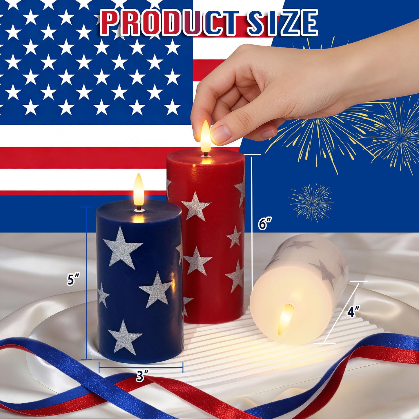 4th of July Flameless Pillar Candles with Remote, 250th Anniversary Patriotic Red White and Blue Battery Operated Candle with Star Sticker, Independence Day Decorations for Home Party Table Fireplace