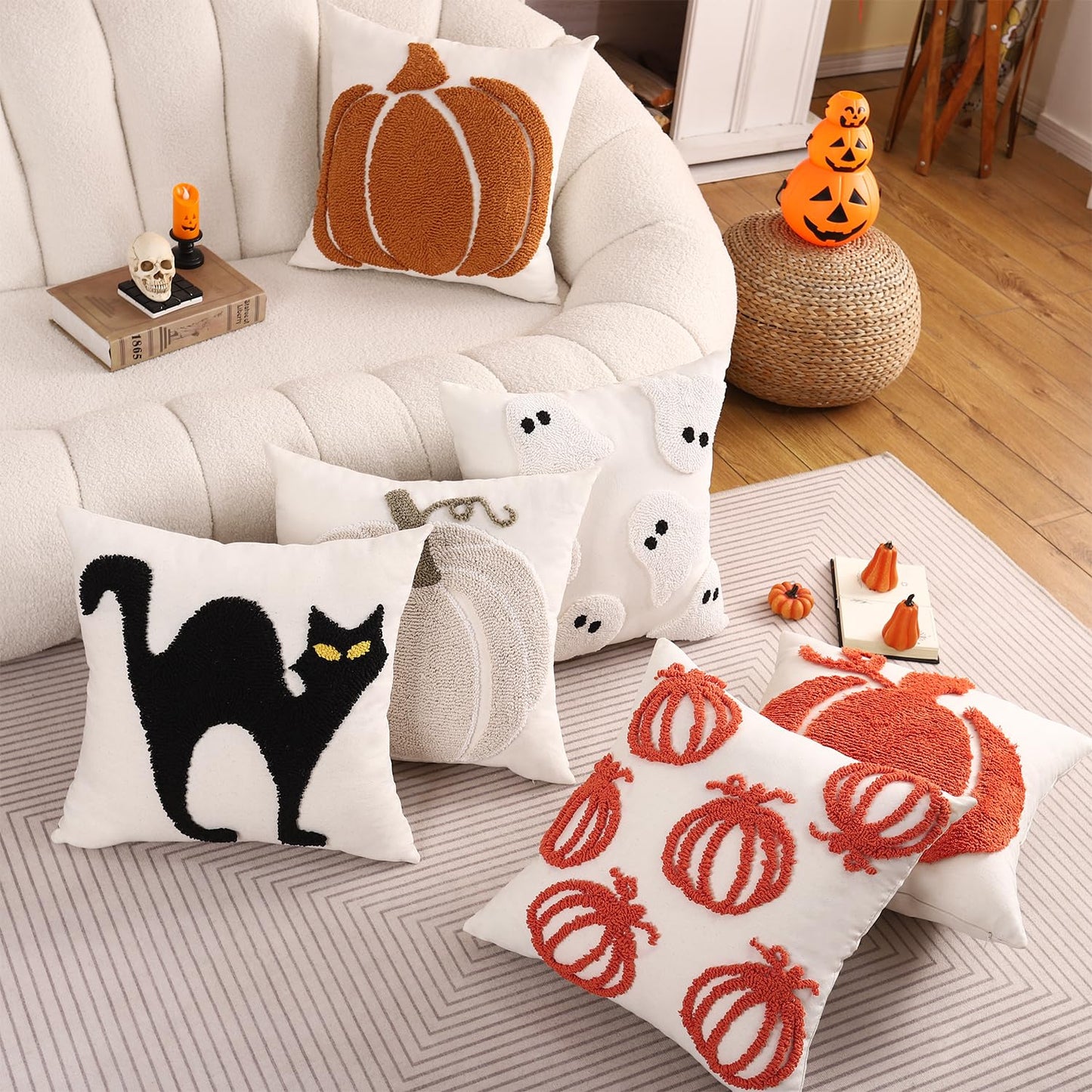 Tosleo Halloween Throw Pillow Covers 18x18 inch Set of 2 Halloween White Ghosts Embroidered Pillow Cases Thanksgiving Home Party Fall Decor Pillowcases Square Cushion Covers for Spooky Season
