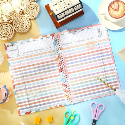 Fuyoooo Teacher Record Book Teacher Grade Books 2026-2027 Spiral Bound Record Planner 2026 Class Grade Book Office Favors for Classroom Attendance Decoration Double Sided(Retro Groovy)