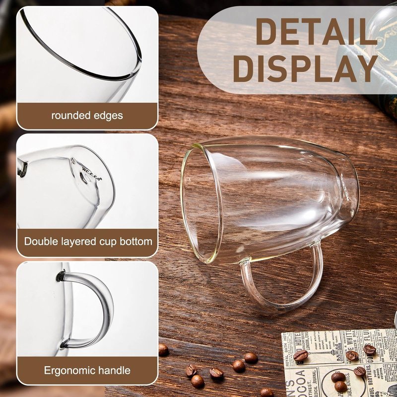 12 Oz Double Walled Glass Coffee Mugs with Handle, Insulated Layer Coffee Cups, Clear Borosilicate Glass Mugs - Gift for Cappuccino,Tea,Latte,Espresso,Hot Beverage,Cold Drinks, Set of 2