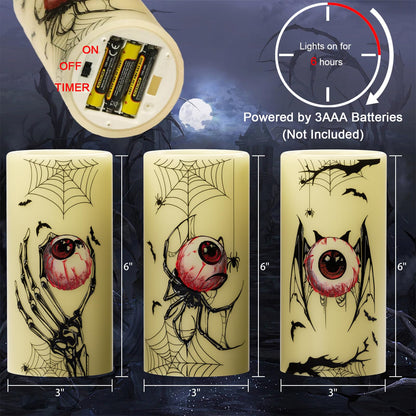DRomance Halloween Flameless Flickering Candles Battery Operated with Timer, 3 Pack Real Wax LED Pillar Candles Spooky Bloody Eyes Spider Decals Dinner Halloween Decorations Indoor(3" D x 6" H)