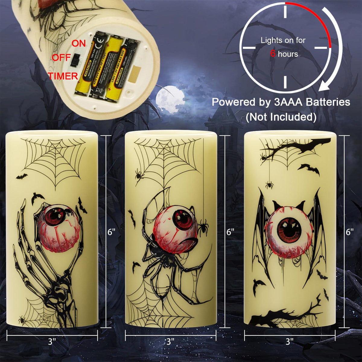 Eldnacele Halloween Flameless Flickering Candles with Timer, Battery Operated Spider Eyeballs, Bat Eyeballs, Skeleton Hand Eyeballs Decals Real Wax LED Pillar Candles Horror Spooky Decor(3pcs,D3×H6)
