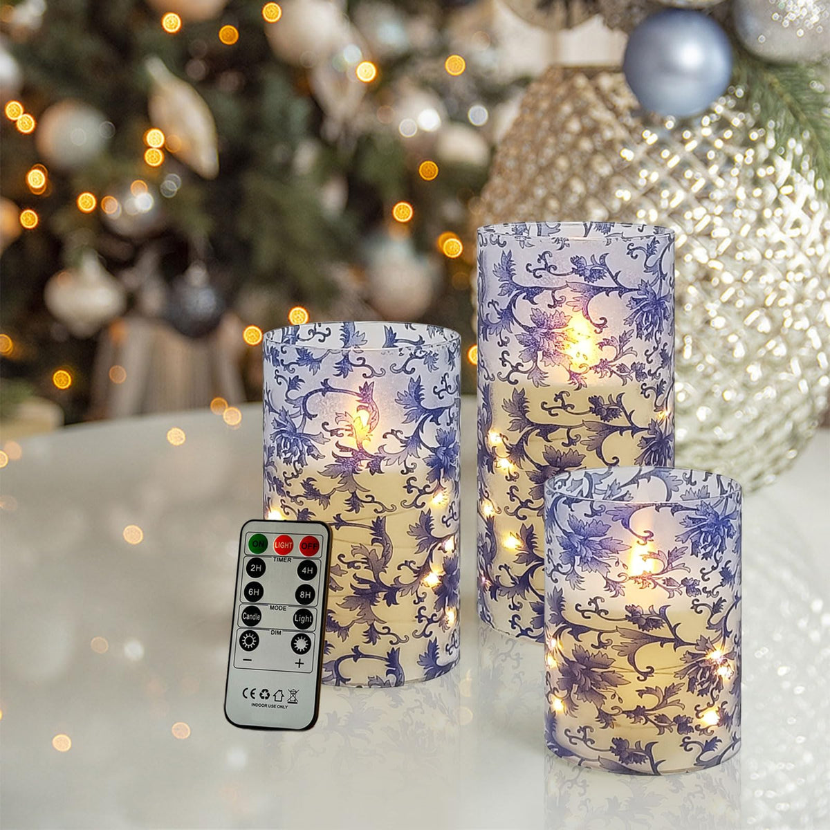 NjaoHoo Floral Flickering Flameless Candles, Recessed String Light LED Candles 3D Wick Acrylic Battery Operated LED Pillar Candles with Remote and Timer for Home Decor Set of 3(Blue & White)