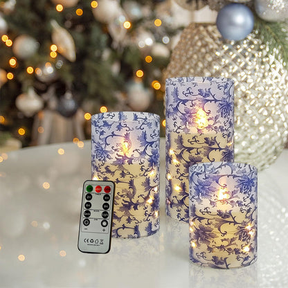 Flickering Flameless Candles Blue and White Porcelain Print, Embedded Star String Lights, Battery Operated Acrylic LED Pillar Candles with 11-Key Remote and Timer for Home Decoration, 3 Pack