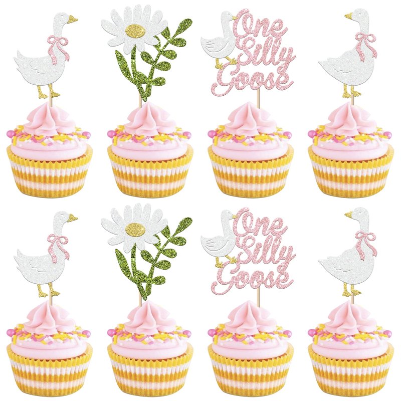 Rsstarxi 24 Pack One Silly Goose Cupcake Toppers One Silly Goose Birthday Decorations Pink Silly Goose 1st Birthday Cupcake Pick for Baby Shower Boys Girls First Birthday Party Cake Decorations