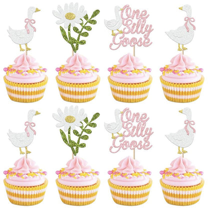 Rsstarxi 24 Pack One Silly Goose Cupcake Toppers One Silly Goose Birthday Decorations Pink Silly Goose 1st Birthday Cupcake Pick for Baby Shower Boys Girls First Birthday Party Cake Decorations