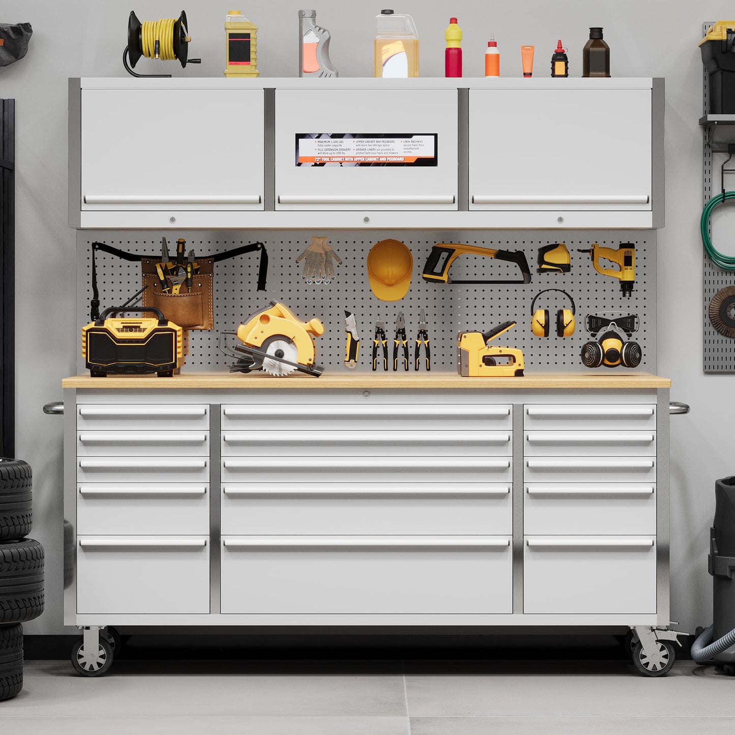 PeacefulHues 72 Inch Rolling Tool Chest with 15 Drawers, Rubber Wood Workbench Top, Anti-Fingerprint Steel, Lockable Wheels & Key Lock, Mobile Storage Cabinet Organizer for Garage & Workshop