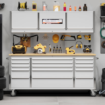 PeacefulHues 72 Inch Rolling Tool Chest with 15 Drawers, Rubber Wood Workbench Top, Anti-Fingerprint Steel, Lockable Wheels & Key Lock, Mobile Storage Cabinet Organizer for Garage & Workshop