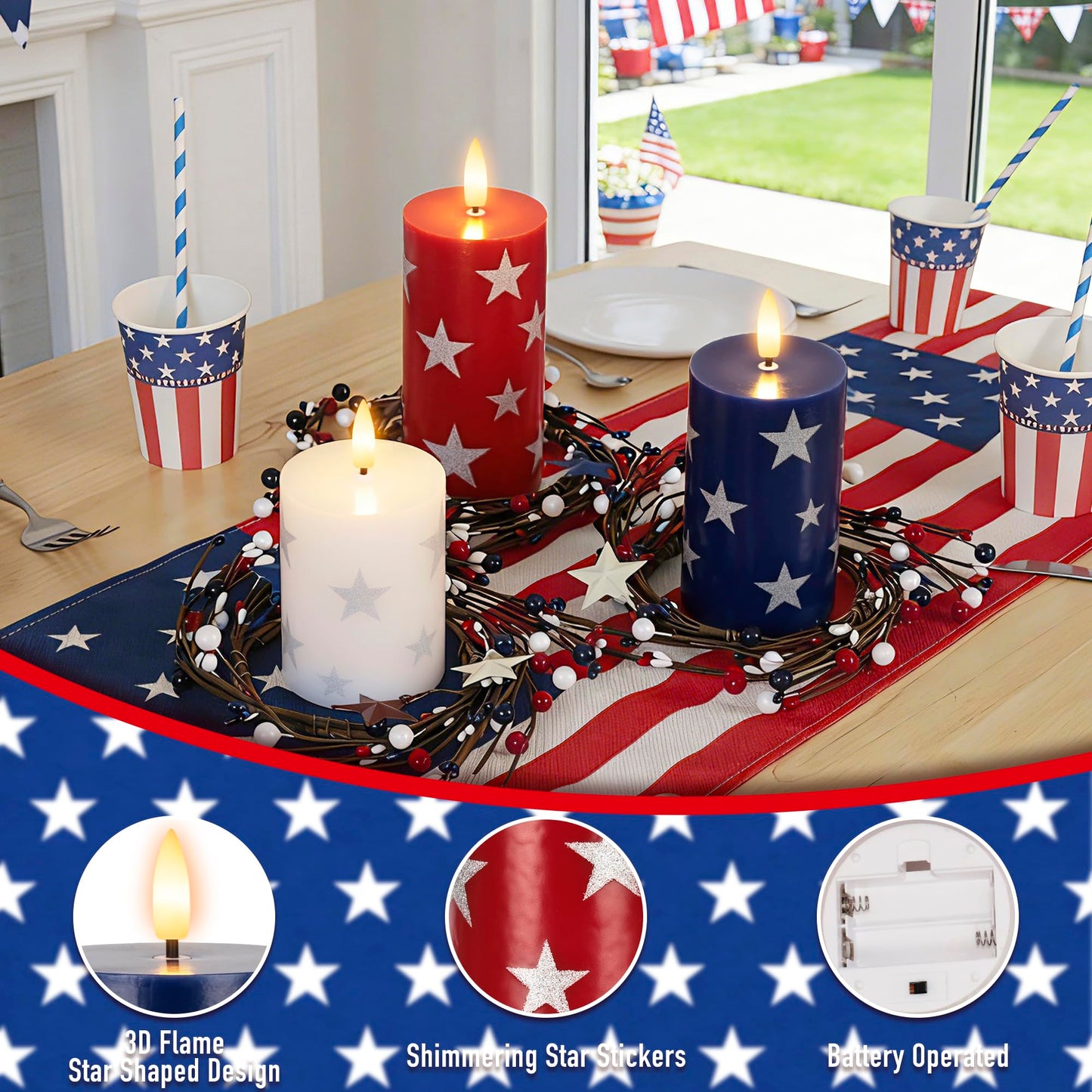 4th of July Flameless Pillar Candles with Remote, 250th Anniversary Patriotic Red White and Blue Battery Operated Candle with Star Sticker, Independence Day Decorations for Home Party Table Fireplace