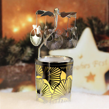 Candle Carousel Rotary Candle Holder Christmas Carousel Spinning Tealight Candleholder Christmas Decoration Centerpieces for Tables Valentine Easter (Gold Ginkgo Leaf)