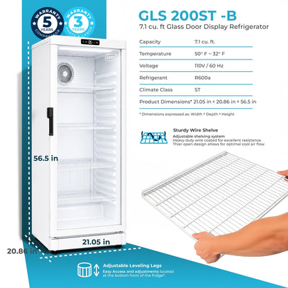 GRS Commercial Display Refrigerator with Glass Door Lock | Cool Air Flow & Temperature | Beverage fridge, Drink and Wine Cooler with Adjustable Display Shelf for Stores and Bars | Silver, 7.1 Cu. Ft