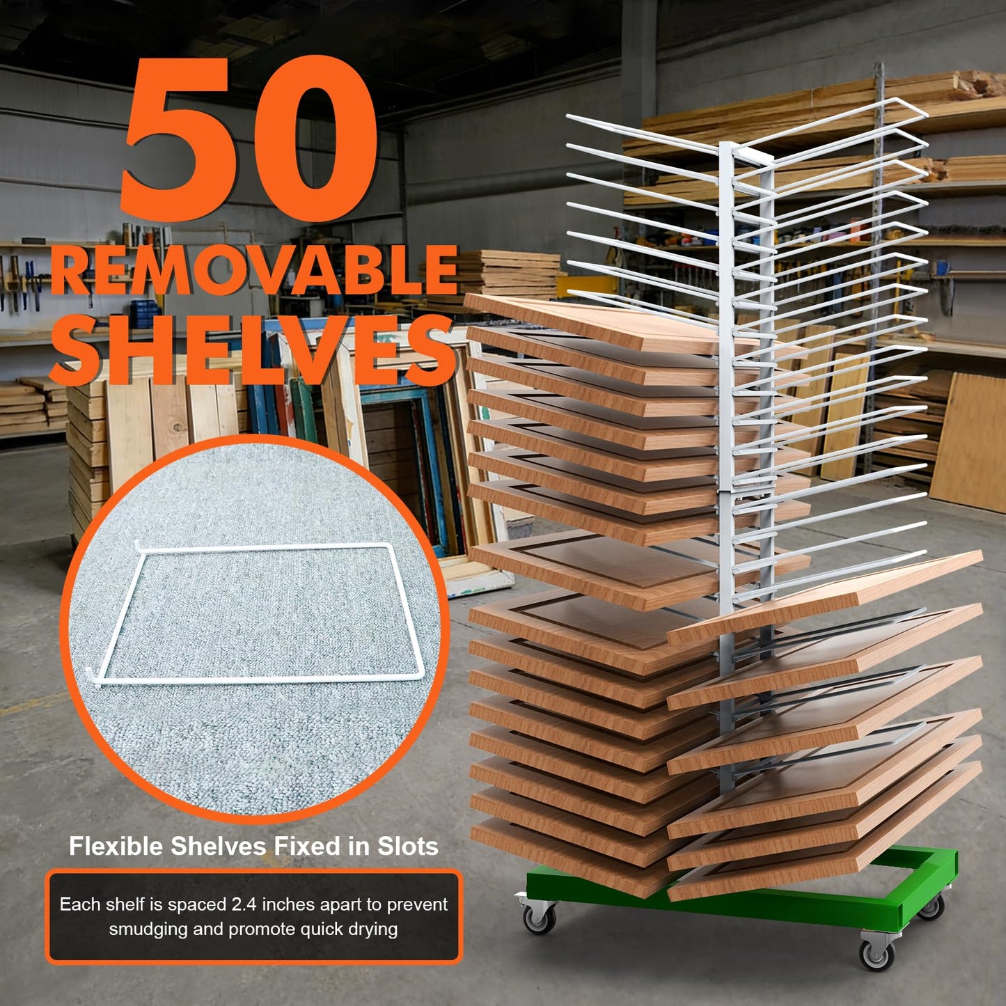 vanerepok Paint Drying Rack 50 Shelves for Cabinet Doors, Heavy-Duty Carbon Steel Structure Cabinet Door Drying Rack for Art Studios, Space-Saving with 4 Locking Casters, 25lbs per Shelf