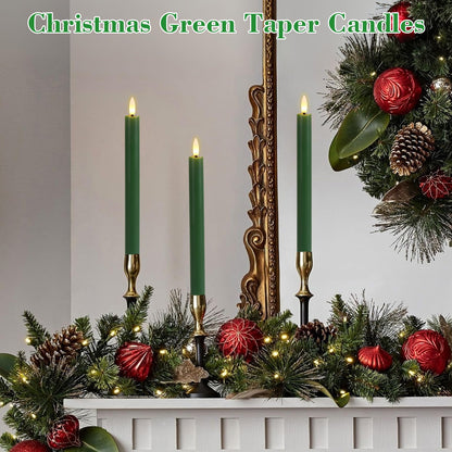 GenSwin FlamelessTaper Candles Flickering with 10-Key Remote, Battery Operated Led Warm 3D Wick Light Window Candles Real Wax Pack of 3, Christmas Home Wedding Decor(Green, 0.78 X 9.64 Inch)