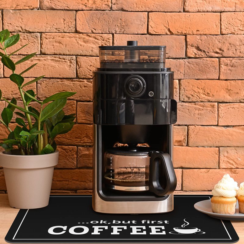 Queekay Coffee Bar Mat for Counter 24" x 16" Absorbent Dish Drying Mat for Kitchen Coffee Bar Accessories Hide Stain Rubber Backed Black Counter for Machine(Classic Style,Black)