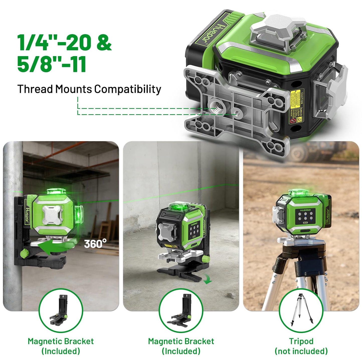 Huepar 2026 New Electronic Self Leveling Laser Level, 4x360° Green Cross Line Laser Tool, ±1/18" Accuracy, ±7% Slope Adjustment, Leveler Laser for Tile, Framing, Alignment, Layout, Construction & DIY