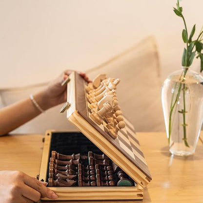A&ampA 15 Magnetic Wooden Chess Set/Folding Board / 3 King Height German Knight Staunton Chess Pieces/Mahogany &amp Maple Inlaid /2 Extra Queen