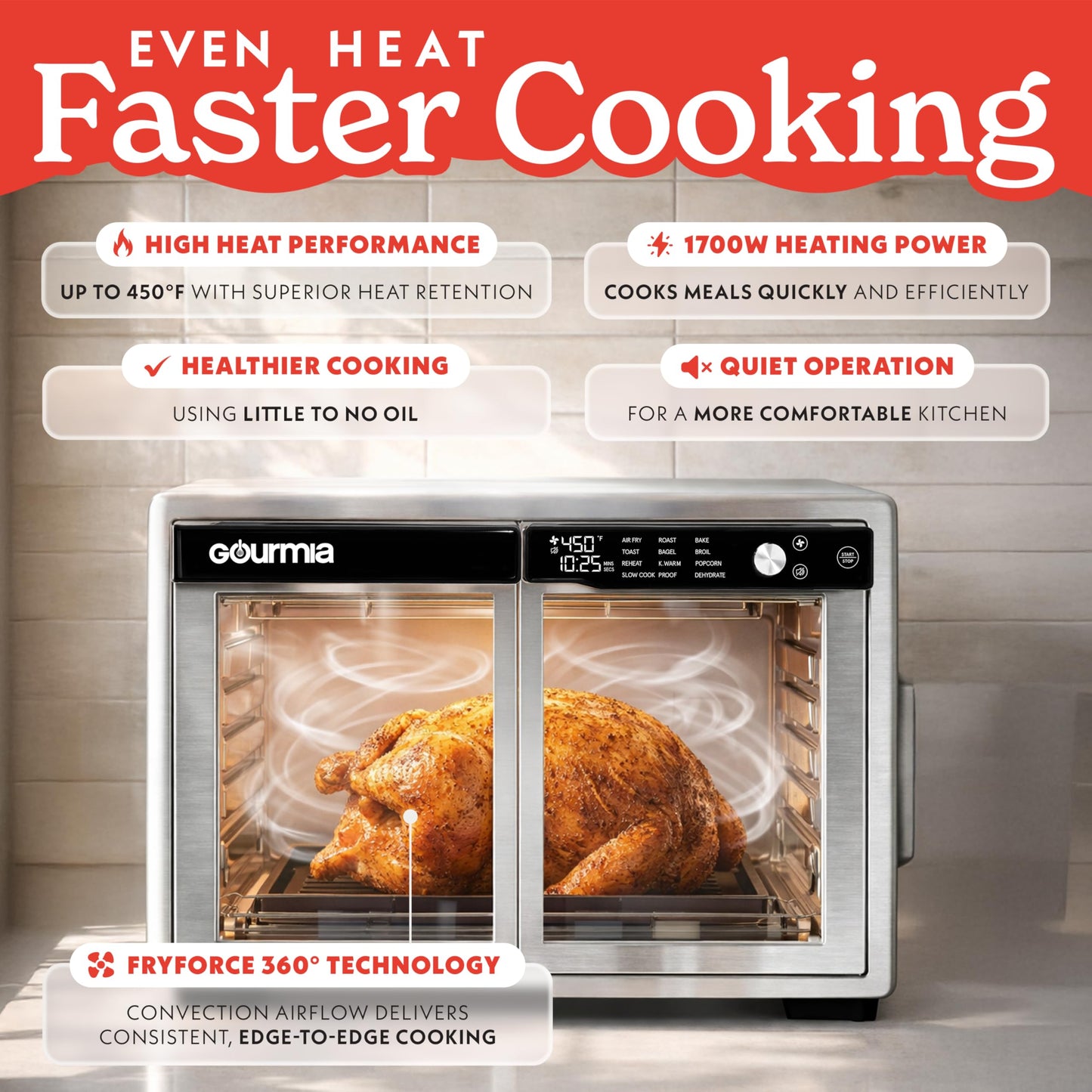 Gourmia French Door Air Fryer Oven - 37 Qt Large Capacity Convection Toaster Oven, FryForce 360°, Digital Display, 12 Cooking Presets, Dehydrate, Fits 13” Pizza, Dishwasher-Safe, Stainless Steel
