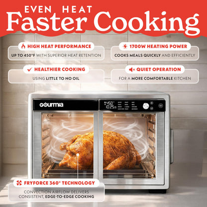 Gourmia French Door Air Fryer Oven - 37 Qt Large Capacity Convection Toaster Oven, FryForce 360°, Digital Display, 12 Cooking Presets, Dehydrate, Fits 13” Pizza, Dishwasher-Safe, Stainless Steel