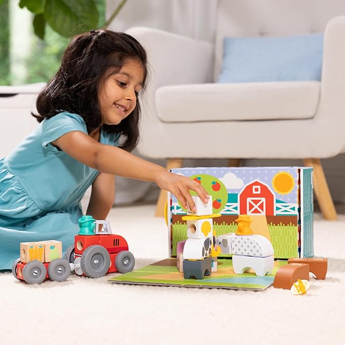Melissa &amp Doug Blockables™ Farm and Farm Friends 2-Pack Bundle Connectable Wooden Building Blocks Preschool Play Set Toy