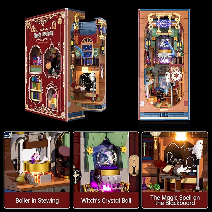 Magic Book Nook Building Set with Light. Magic Academy Book Nook Building Kit DIY Book Nook Building Set for Home Bookshelf Decor for Adults Teens Boys Girls.