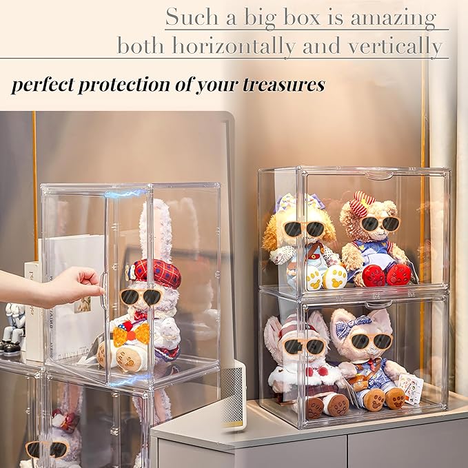 XXX-Large Clear Acrylic Display Case Boot Shoe Storage Boxes With An Adjustable Divider2 Pack 2 Tiers Clear Plastic Stackable Storage Bins With Lids Big Display Acrylic Box With Magnetic Door