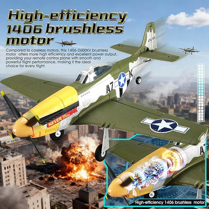 RC Plane 5CH 1406 Brushless P51D Mustang RC Airplane with 3D Aerobatic and 6-Axis Gyro 510mm 2.4GHz Radio RC Planes for Adult Beginners with Spare Battery and Propeller (Regular Version -2 Batteries)