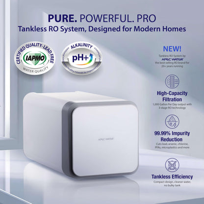 APEC Tankless Reverse Osmosis System with Alkaline pH+ NSF 372 & 58 Certified 3 Stage Water Filtration Bottled Water Quality, High 1K GPD Faucet Flow, Efficient 2:1 Pure to Drain, Space Saving Design