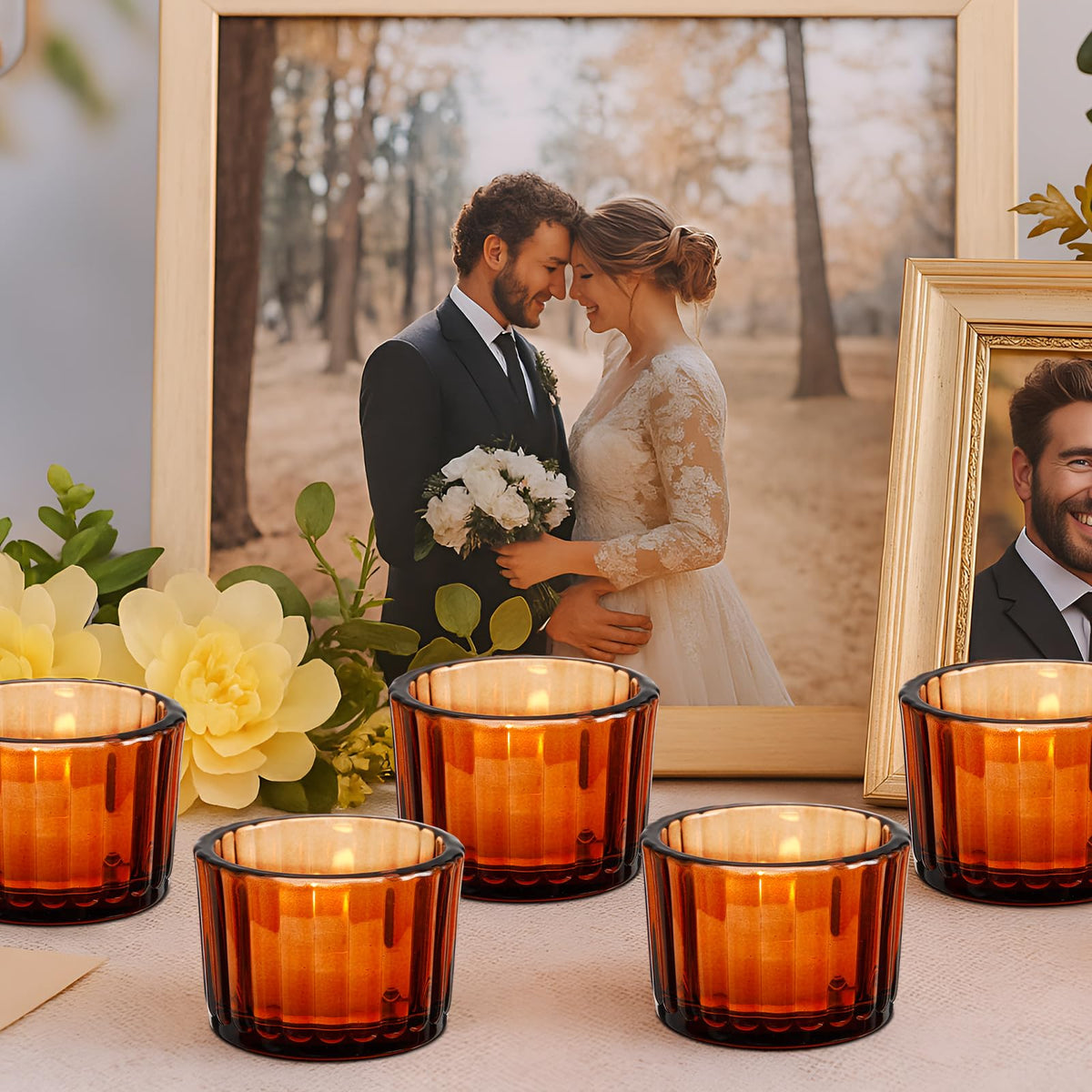 Mumufy 50 Pcs Glass Tealight Candle Holder Ribbed Votive Candle Holder for Centerpiece Wedding Proposal Spa Aromatherapy Meditation Home Decor (Amber)