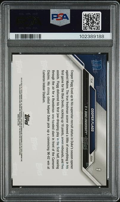 2024 Bowman U Cooper Flagg Rookie Card #1 Graded PSA 10 (Cert #102389188) Gem Mint – Duke Debut Basketball Card