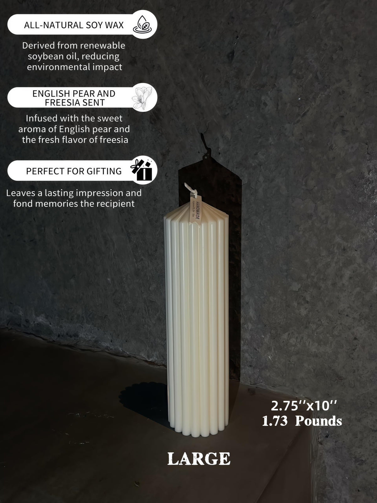 Hyznengu Ribbed Peak Pillar Candle- Large Handmade Scented Soy Wax Candle with Elegant Bubble Aesthetic， Housewarming Gift, Shelf & Coffee Table Centerpiece, White (Large)