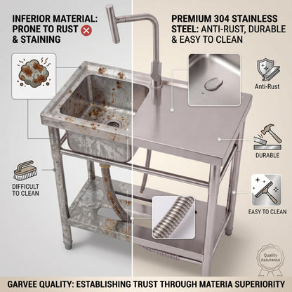 Freestanding Utility Sink 30 x 16 x 30 Inch, Stainless Steel Single Bowl Laundry Sink with Side Drainboard, t-Shape Hot and Cold Water Faucet, Compact Wash Station for Garage Basement Apartment