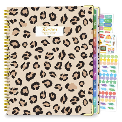 Teacher Planner 2026-2027, Jul 2026-Jun 2027 Academic Year, 8.5" x 11" Lesson Planner Book for Teacher Calendar, Spiral Bound Planners, Colorful Monthly Tabs, Planning Stickers, Leopard