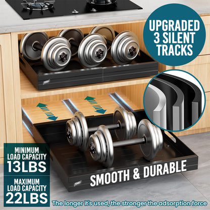 TAILI 2Pack Expandable Pull Out Cabinet Organizer, Adjustable Width 12.05"-20.4", 21" Deep, 3 Slide Rails, Raising Pads, Portable & No-Trace Removal, Tool-Free Installation, Black