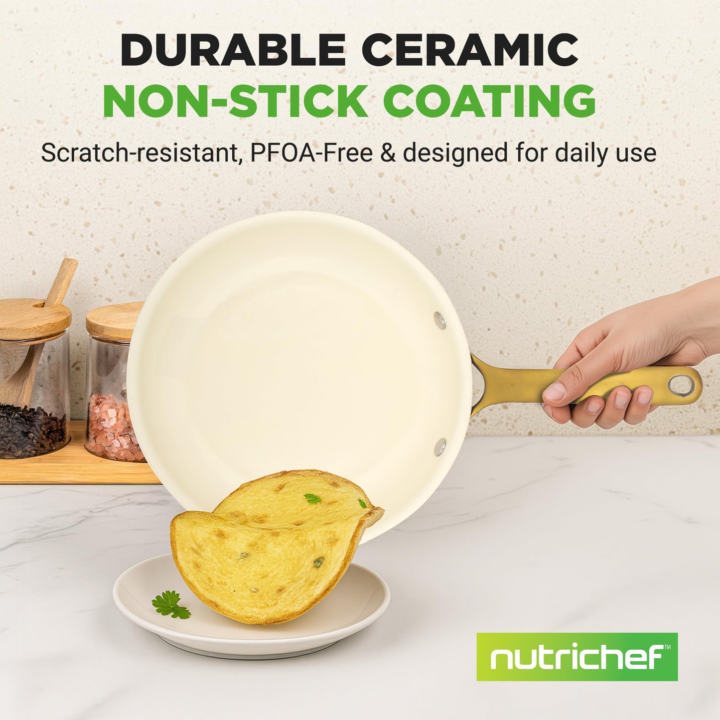 NutriChef 10-Inch Professional Ceramic Frying Pan - Medium Skillet with Golden Titanium Handle, Non-Stick Ceramic Coating, Stain-Resistant, Easy to Clean, Ideal for Home Cooking