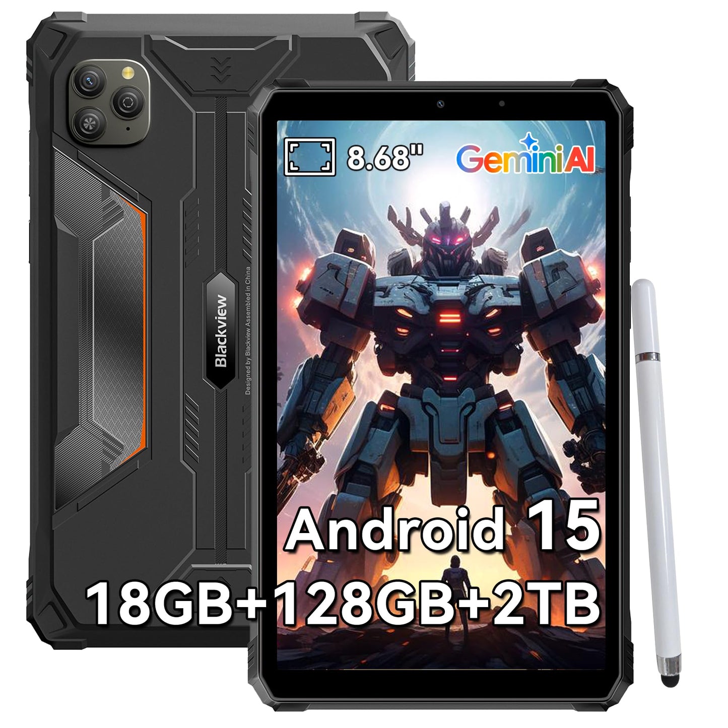 Blackview 9 inch Rugged Tablet, Android 15 Waterproof Tablet wirh Gemini AI, 18GB+128GB TF 2TB, 180Hz, IP68/IP69K, MIL-STD-810H Shockproof, 16MP+13MP, 18W/OTG/5G WiFi/GPS/NFC/TÜV/Face ID/Glove Mode