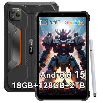Blackview 9 inch Rugged Tablet, Android 15 Waterproof Tablet wirh Gemini AI, 18GB+128GB TF 2TB, 180Hz, IP68/IP69K, MIL-STD-810H Shockproof, 16MP+13MP, 18W/OTG/5G WiFi/GPS/NFC/TÜV/Face ID/Glove Mode