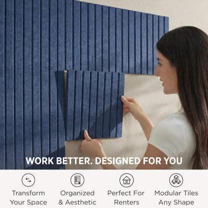 VIVELDA Felt Bulletin Board Tiles 48"x36" - 12-Pack Cork Board Alternative, OEKO-TEX Certified, NRC 0.95 Acoustic Felt Wall Panels, Damage-Free Adhesive, Slatted Design Home Office, Classroom (Indigo)