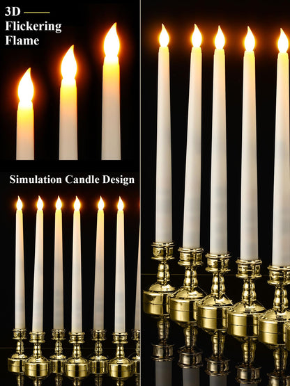 VIHOSE 24 Pcs Flameless Taper Candles with Holders Remote Timer Battery Operated Candles Bulk LED Candlesticks Flickering for Valentines Wedding Home Window Carnival Party Decor(Gold,Classic Style)