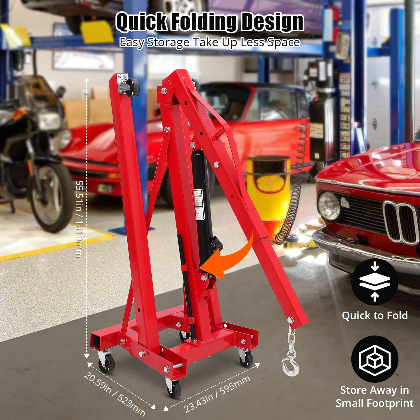 PioneerWorks Engine Hoist 2 Ton, Heavy Duty Steel Hydraulic Shop Engine Crane, Folding Hydraulic Tilting Engine Lift with 360 Degree Swivel Wheels for Ports, Warehouses, Garage, Factory
