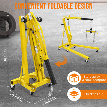 GarveeTech Engine Hoist with Lever, 2 T 4000 Lbs Heavy Duty Folding Cherry Picker Engine Lift Hydraulic Tilting Engine Shop Crane with 6 Iron Caster Wheels Telescopic Boom Hitch, Yellow