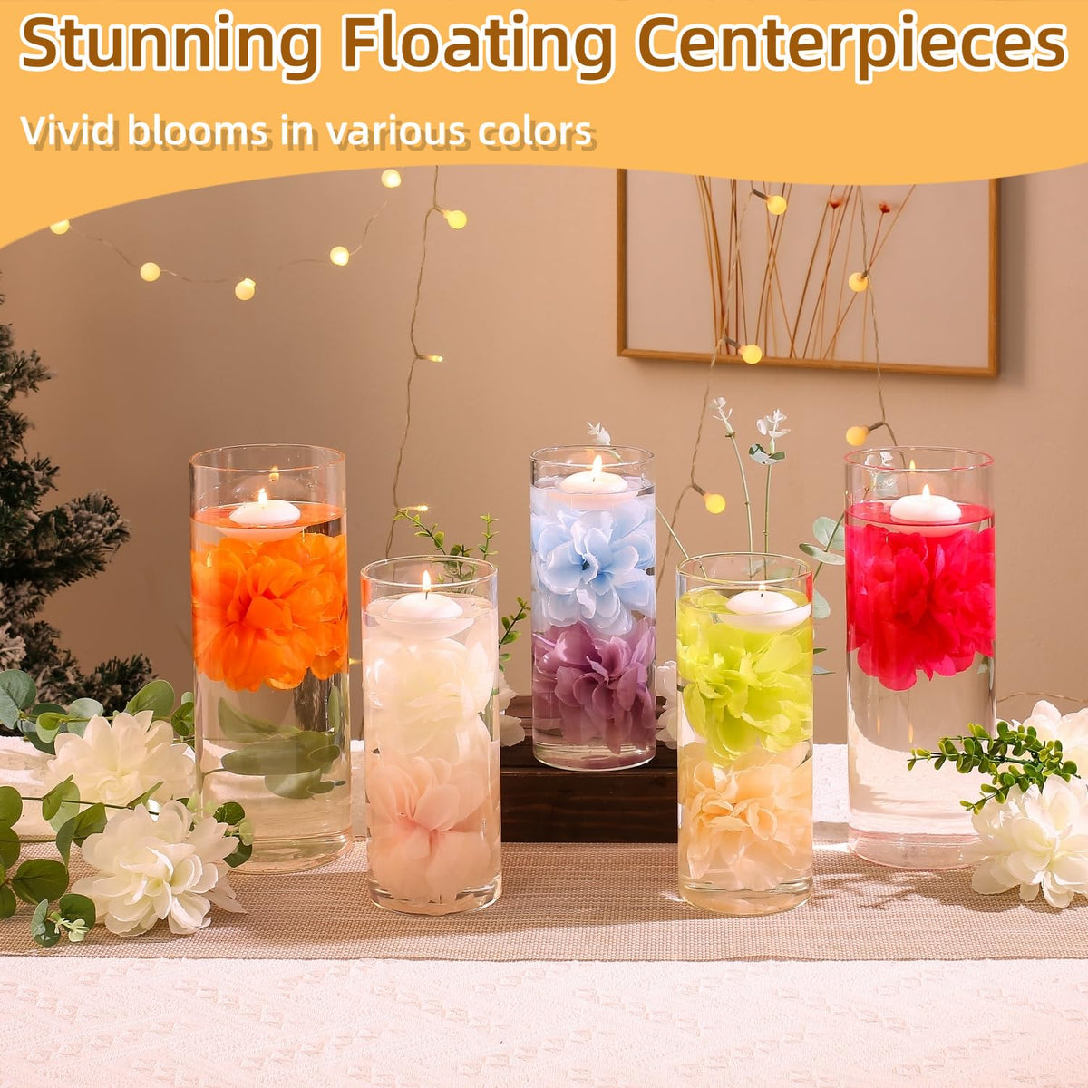 WPPNSY 24 Pcs Floating Candles for Centerpieces and Floating Flowers Artificial Flowers Head Vase Filler for Party Home Table Wedding Centerpieces Decoration (Pink)