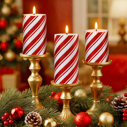 Lumeavetra Glitter Red Stripe LED Flameless Candles, Battery Operated Pillar Lights with Remote Timer, Real Wax Electric Candles for Holiday Home Christmas Party Decor, Set of 3