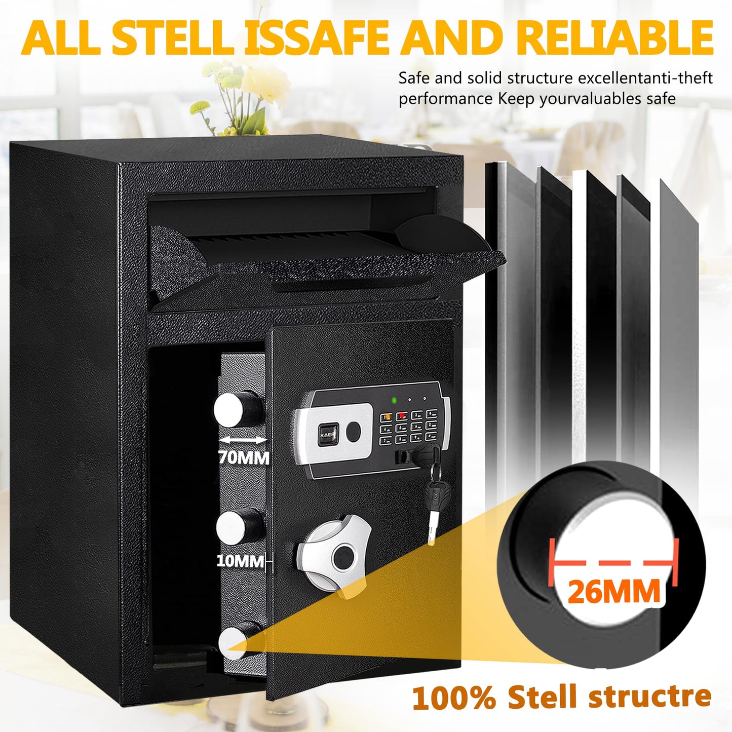 2.8 CUB Depository Drop Safe Fireproof, Front Drop Slot Lock Box with Digital Combination and Anti-Fishing, Silent Deposit Safe Box, Security Money Safe for Cash Slips Expense Business Office Home
