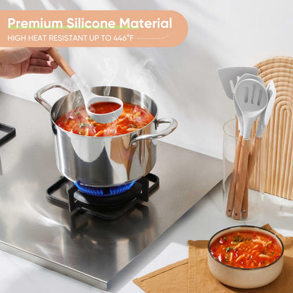 Herogo 8 Pcs Non-Stick Silicone Cooking Utensils Set with Wooden Handle, Heat Resistant Food-Grade Kitchen Utensils Set, Includes Spatula Spoon Turner Server Whisk Ladle for Baking, Cooking (White)