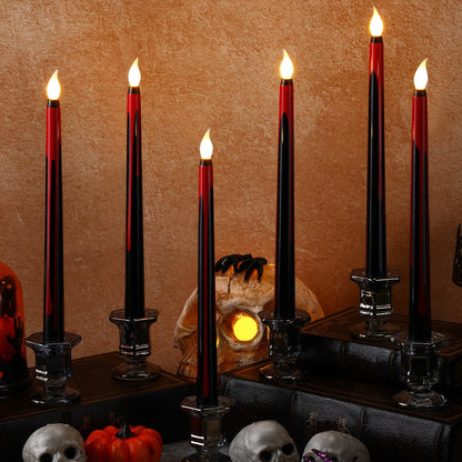 Kittmip 6 Pcs Halloween Flameless Taper Candles 11 Inch Long Red Black Battery Operated LED Bloody Candles Haunted Table Centerpiece for Holiday Party Table Decor