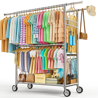 Heavy Duty Clothes Rack Load 1060LBS, Four Rods Rolling Clothing Racks for Hanging Clothes, Rolling Garment Rack With Sturdy Wheels Shelves Hooks, Portable & Adjustable Commercial Garment Rack, Silver