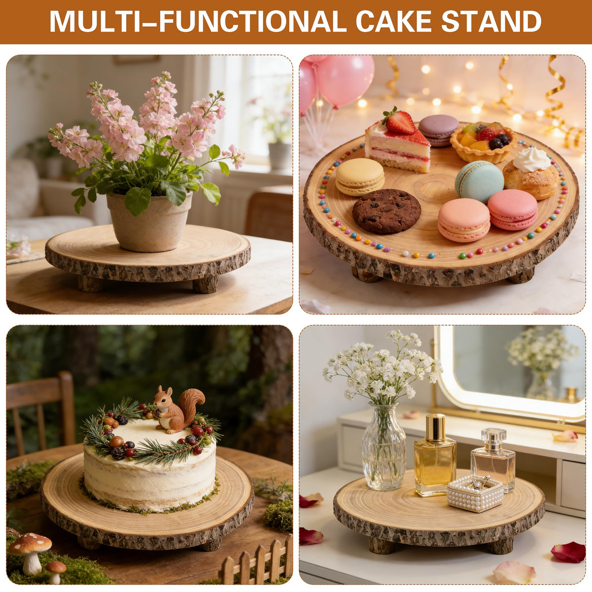 Sukione Wood Cake Stand with 4 Legs, 10-11 Inch Natural Rustic Wooden Slice Cupcake Stand for Wedding, Birthday & Baby Shower, Farmhouse Dessert Display, Woodland-Themed Party, Father's Day Decor