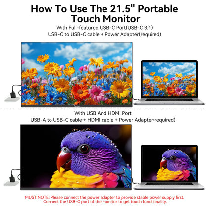 Prechen 21.5 Inch Portable Touchscreen Monitor, 1080P Computer Touch Screen w/VESA Stand Touch PC Display, 75Hz, Multi-Touch Monitor, DC HDMI & USBC for Phones PC Phone Business,Black