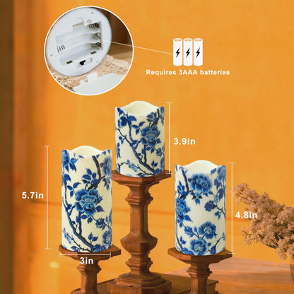 NjaoHoo Flameless Candles 4" 5" 6" Set of 3 Indoor Outdoor Pillars Battery Operated Flickering Candles Include 10-Key Remote Timer Function 500+ Hours (Blue Floral Printed)